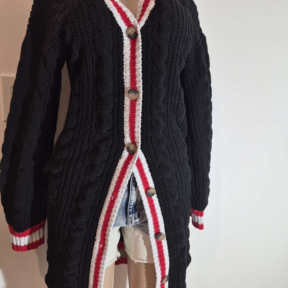 Derek Heart Black Cardigan with Red and White Accents